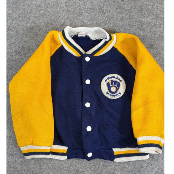 MLB Other - VTG Milwaukee Brewers MLB Baseball Jacket Boys Toddler 4T Blue Yellow Sportswear